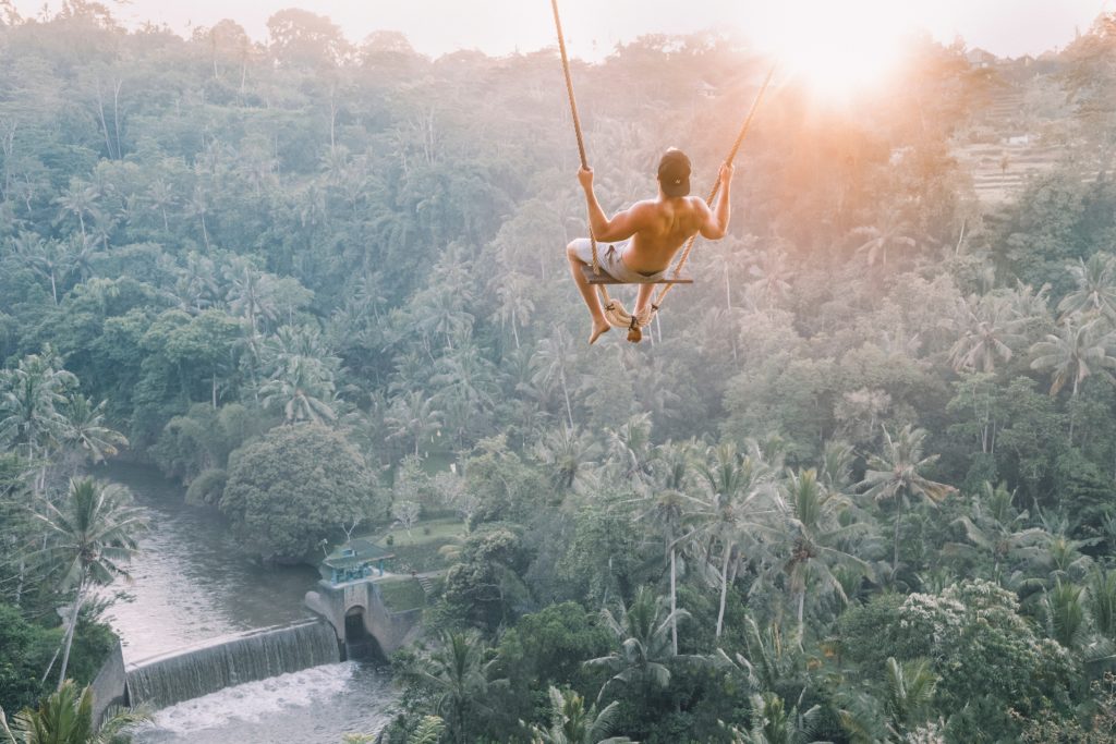 Photo of a dude swinging in the trees