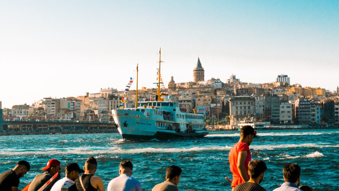 Photo of a boat with Turkey in the background