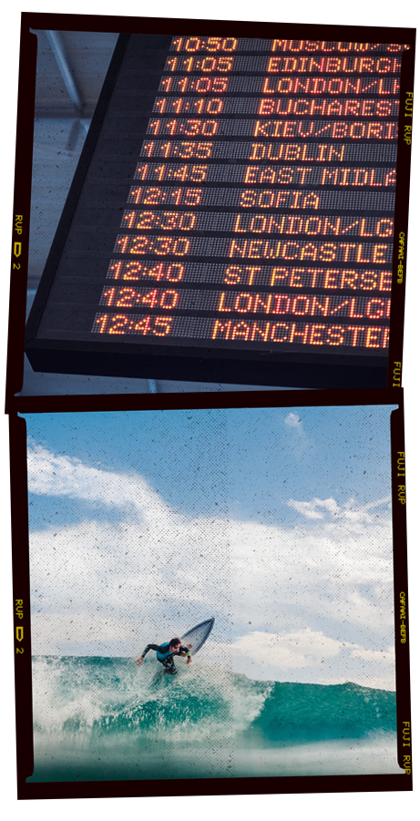 Photos of a departure board and a surfer